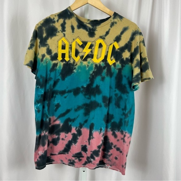 ACDC Large Tie Dye Acid Wash Dip Dye Graphic Tee Band Music Grunge Colorblock - Picture 1 of 4